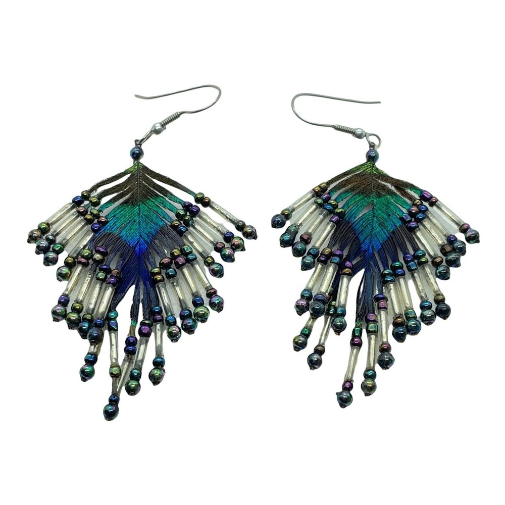 Peacock Feather Earrings Iridescent Beaded Tips Boho Multicolor Nature Vintage